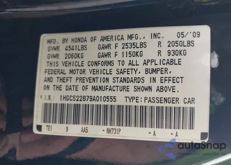 2009 Honda Accord 3.5 Ex-L z USA, uszkodzony, nr VIN 1HGCS22879A010555